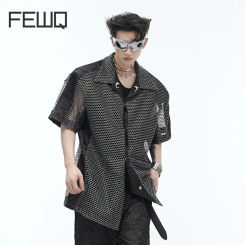 FEWQ Summer Men's Shirt Short Sleeve Streetwear New Trendy Niche Design Mesh Hollowed Out Shirts Loose Male Top 2024 24Y182