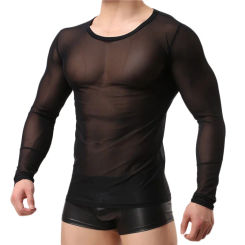 Mens Undershirts Mesh Underwear T-shirts Transparent Male Long Sleeve T-thirts Tops Slim Fitness Gym Bodybuilding Homewear