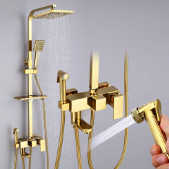 Luxury Golden Brass Bathroom Shower Faucet Set Wall Mount Shower Mixer Crane Bath Shower Faucet With Bidet Faucet