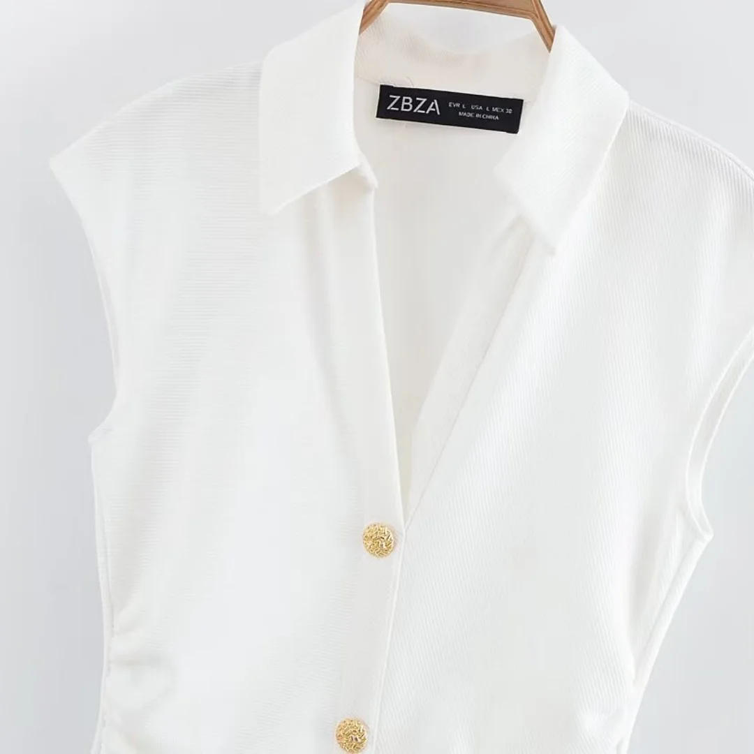 Description Picture 5 of itemTRAF Dress for Women Fashion Summer New Fold Sleeveless V-neck Single Breasted Midi Dresses French Chic Female Evening Clothing