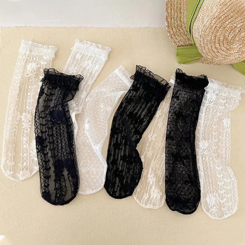 Description Picture 2 of itemRuffle Princess Kids Mesh Socks Hollow Breathable Lolita Girls Calf Sock Summer Children Lace Stockings 3-8Year Baby Footwear