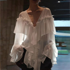 Women Chiffon Blouses Women White Loose V Neck Lantern Sleeve See Through Tops French Elegant Ruffles Lady Female Chic Pullover