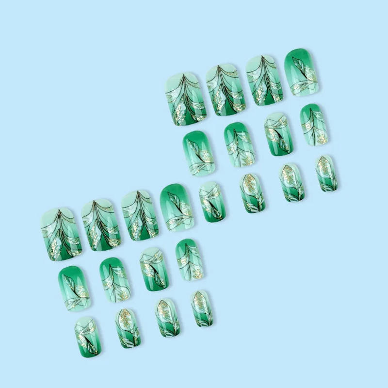 Description Picture 4 of item24pcs Short Square Press on Nails Jade Flower Sparkling Powder Designs Fake Nails with Glue Green Gradient Full Cover Nail Tips