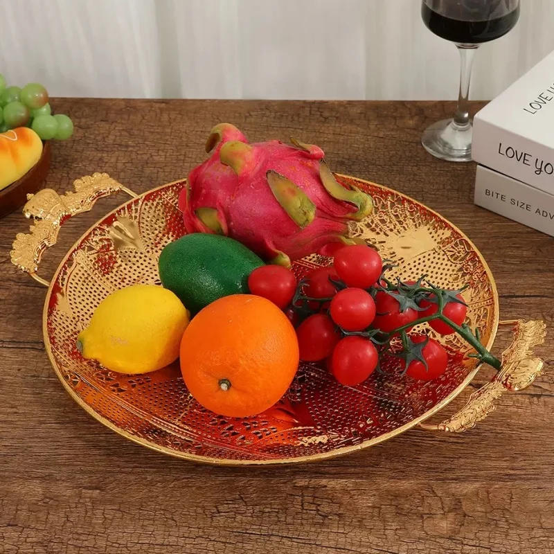 Description Picture 2 of itemFruit Plate, Metal Round Rectangular Relief Disc, European Metal Hollow-Out Snack Platter, Home Desktop Decoration Gift, 1pcs