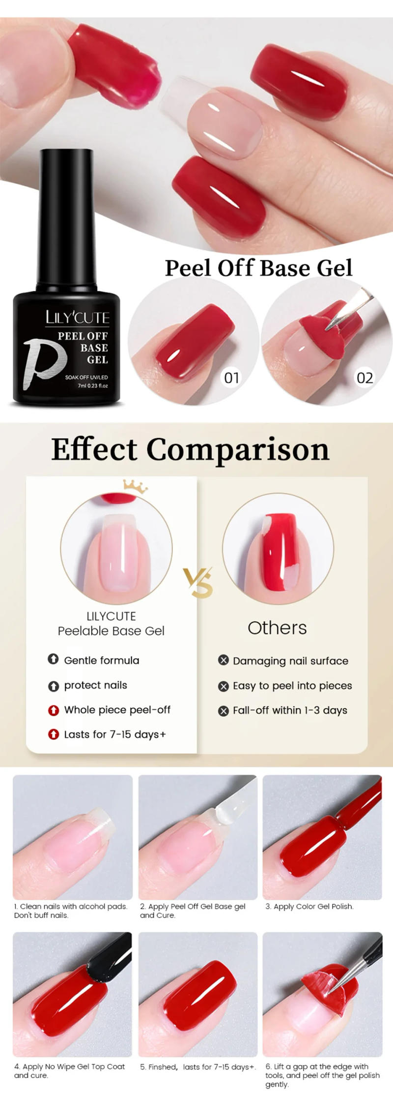 Description Picture 4 of itemLILYCUTE 7ML Thick Reinforcement Gel Nail Polish Transparent Self-Leveling Strong Multifunction Nail Art No Wipe Base Top Coat