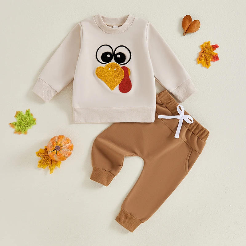 Description Picture 2 of itemBaby Pants Set Long Sleeve Crew Neck Embroidery Turkey Sweatshirt with Pants Thanksgiving Outfit