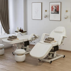 Electric Height Adjustable Tattoo Spa Bed Chair, Electric Lift Massage Table 3-Section Folding with Storage Pocket