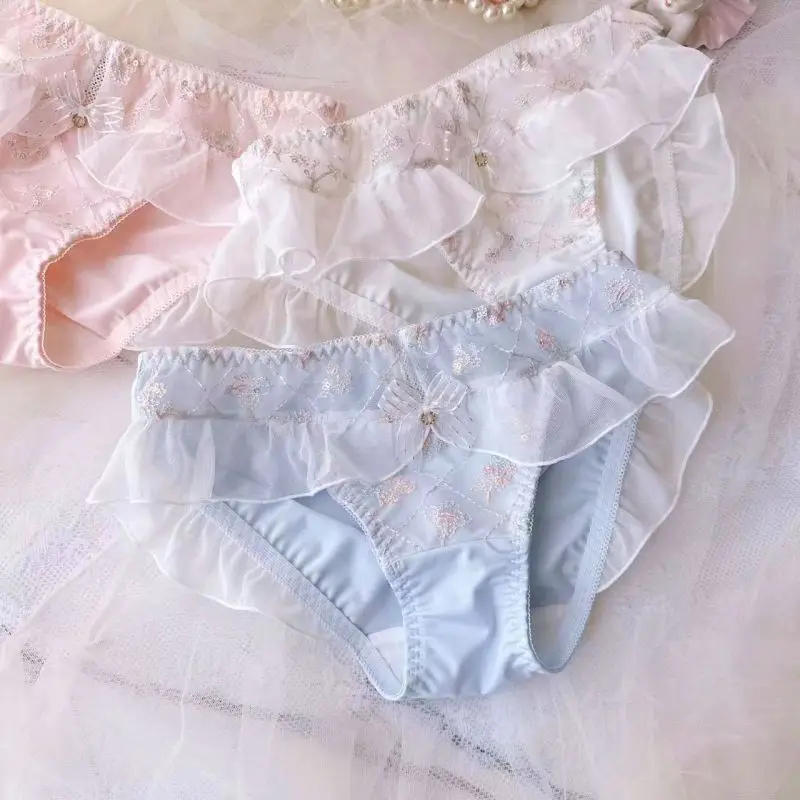 Description Picture 2 of itemWomen Milk Silk Smooth Soft Flower Embroidery Luxury Advanced Ruffles Underwear Princess Style Cute Lovely Sweety Panties Breifs