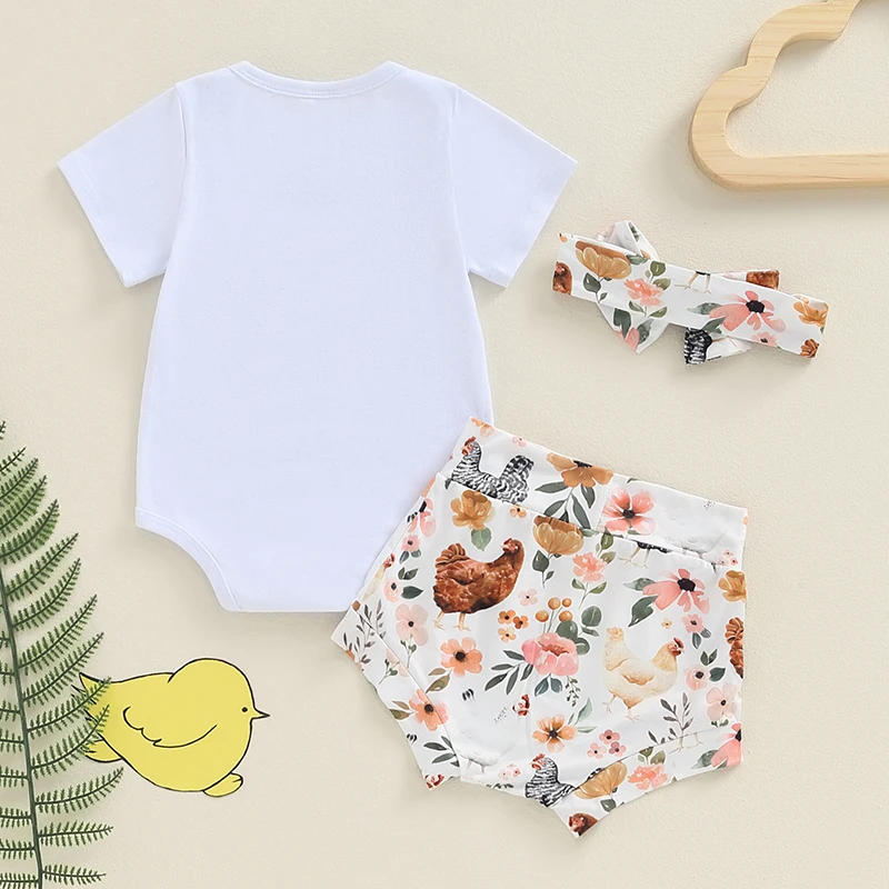 Description Picture 3 of itemBaby Girls Shorts Set Short Sleeve Letters Romper Chicken Print Shorts with Hairband Summer Outfit