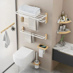Bathroom Pendant Towel Holder Shower Rack Solid Wood Bathroom Shelf Shampoo Shower Gel Corner Holder Towel Bar Mobile Phone Rack