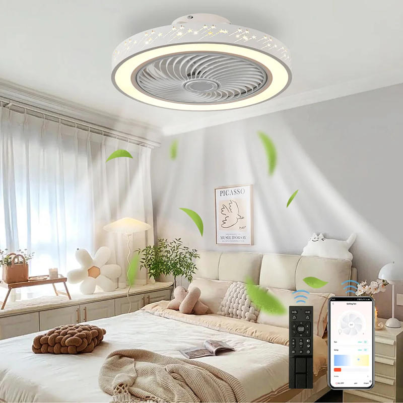Description Picture 4 of item2 in 1 Modern Smart Ceiling Fan with Light Remote Control LED Dimmable 6 Speeds Timer Flush Mount Enclose Ceiling Fans Lamp 72W