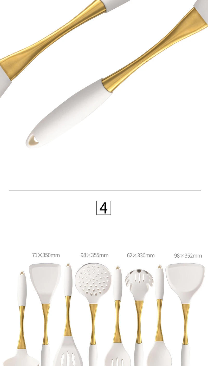 Description Picture 5 of item8Pcs White Gold Silicone Kitchenware Cooking Utensils Kitchen Accessories Spatula Turner Heat-resistant Pasta Colander Shovel