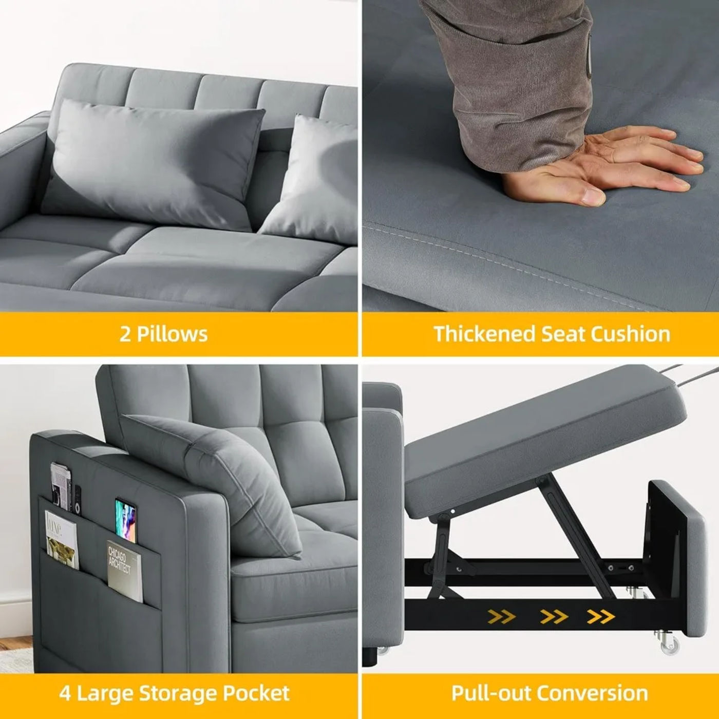 Description Picture 6 of item55" Couch Bed, 3-in-1 Futon Sleeper with Pull-Out Bed,  with Adjustable Backrest and Side Pocket, Convertible Sofa Bed