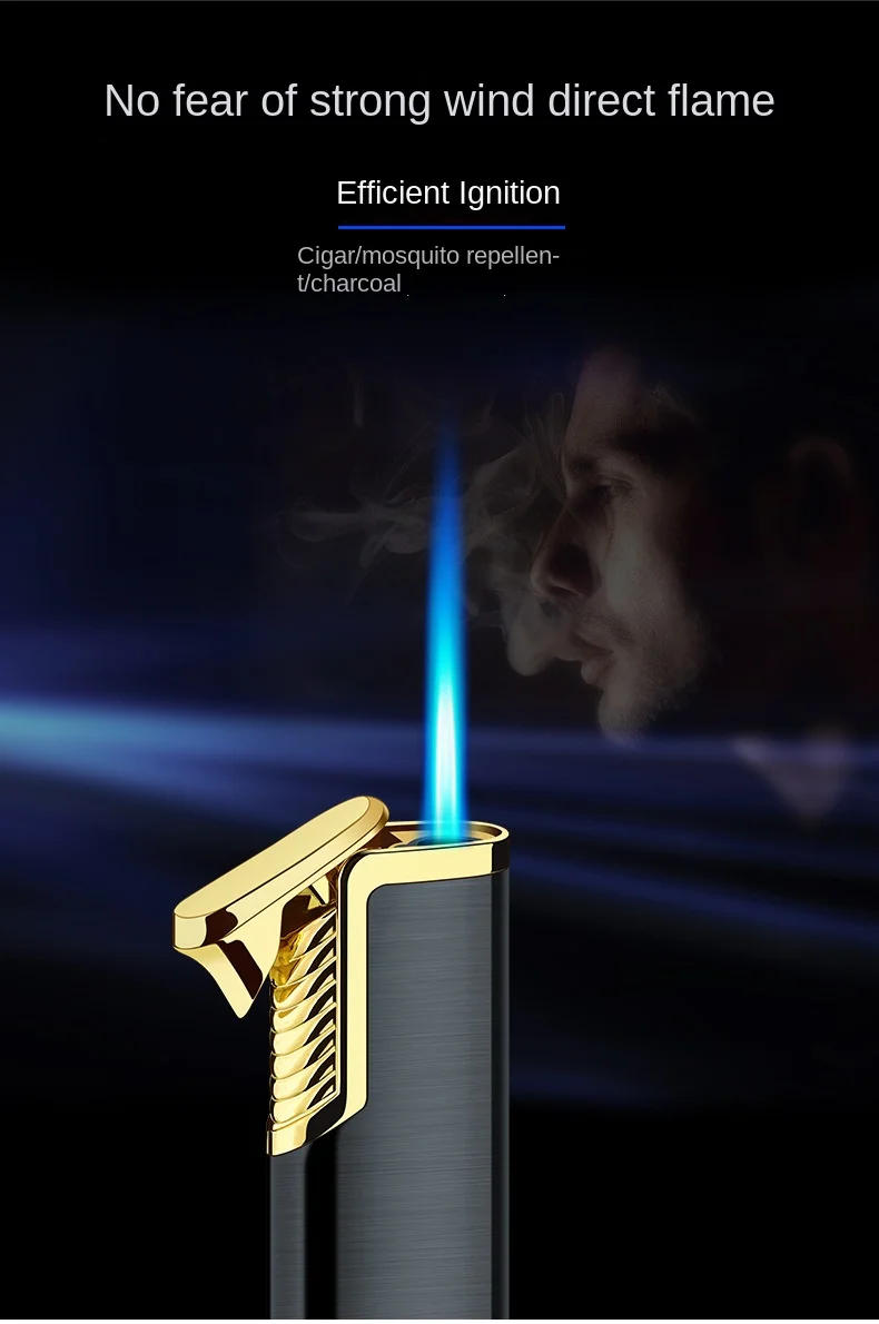 Description Picture 3 of itemNew Portable Metal Lighter Straight Into Windproof Blue Flame Inflatable Butane Gas Lighter Christmas Gift Cigarette Accessories