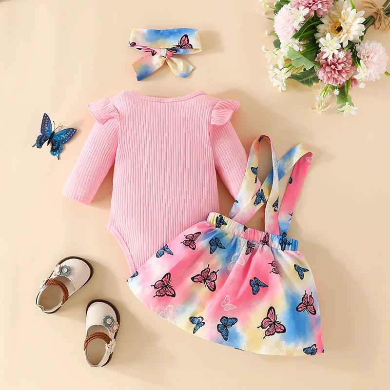 Description Picture 2 of itemBaby Girls Skirt Set Long Sleeve Letters Print Romper Butterfly Suspender Skirt Headband Fall Outfit