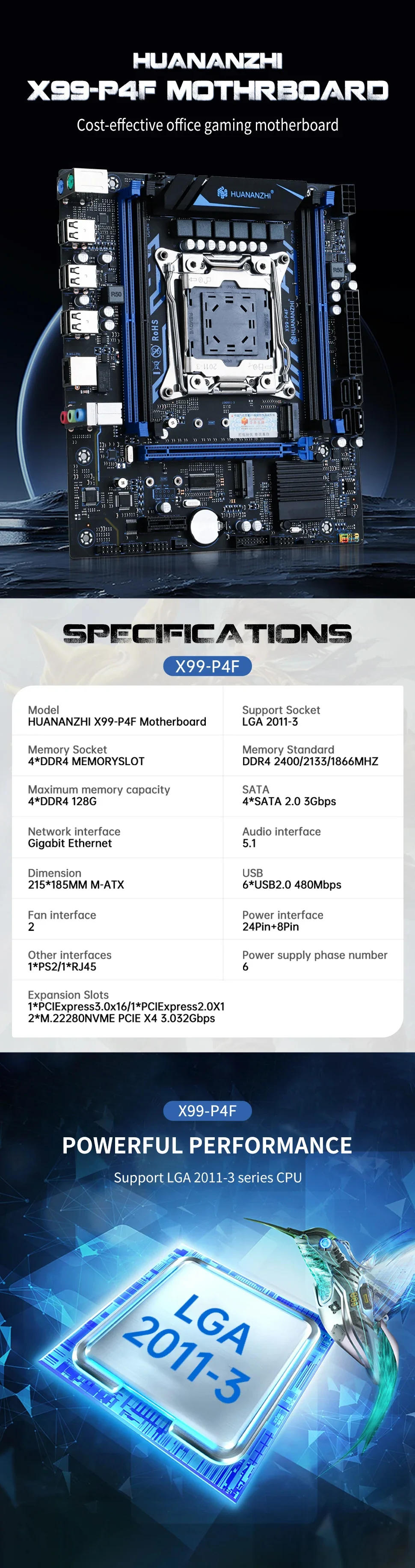 Description Picture 6 of itemHUANANZHI X99 P4F LGA 2011-3 XEON X99 Motherboard with Intel E5 2673 V3 Support DDR4 RECC memory combo kit set NVME SATA