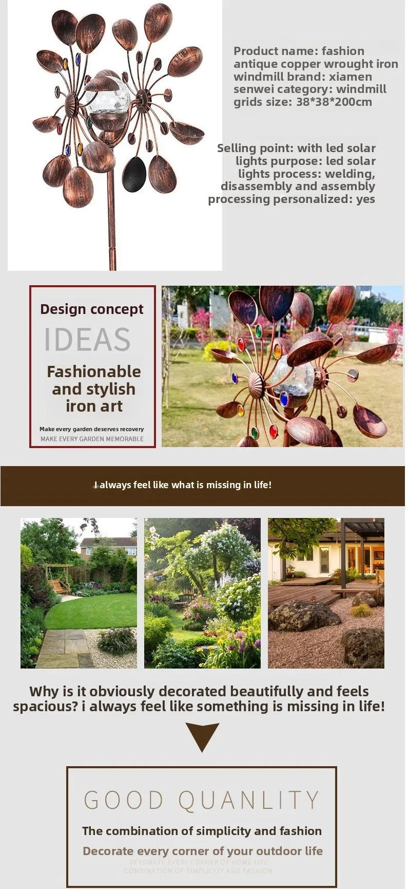 Description Picture 3 of itemGarden Solar Powered Wind Spinners Glass Iron Windmill Solar Powered Bronze Metal Art Craft Garden Yard Landscape Decoration