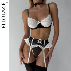 Ellolace Maid Outfit Lingerie Lace Stocking Underwear Cutey Bowknot Panties With Hairballs See Through Sensual Fancy Exotic Sets