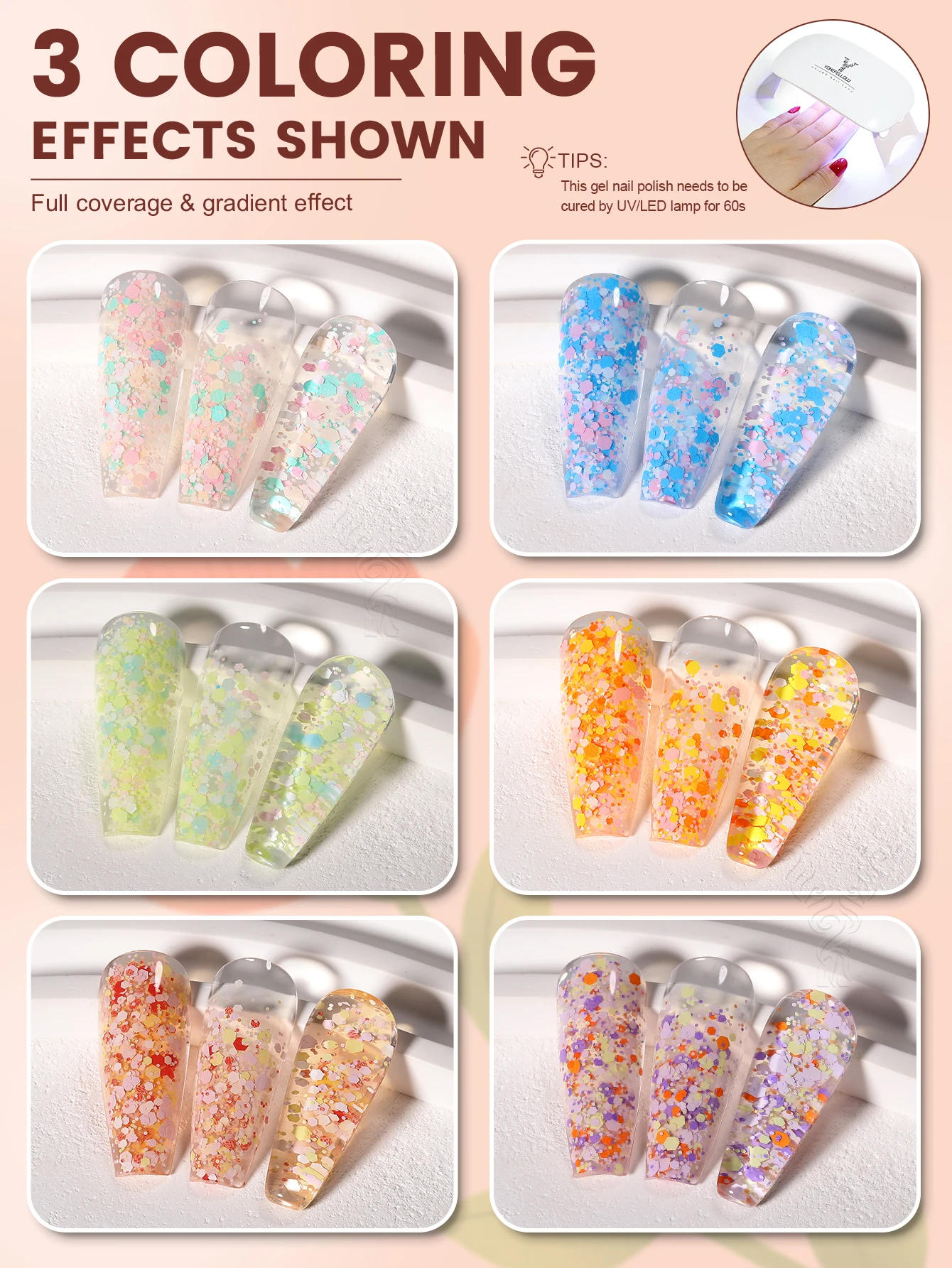 Description Picture 5 of itemYOKEFELLOW Glitter Gel Nail Polish 6PCS/Set Spring Colorful Nail Art Varnish Semi Permanent Soak Off UV Gel For Nails Art Diy