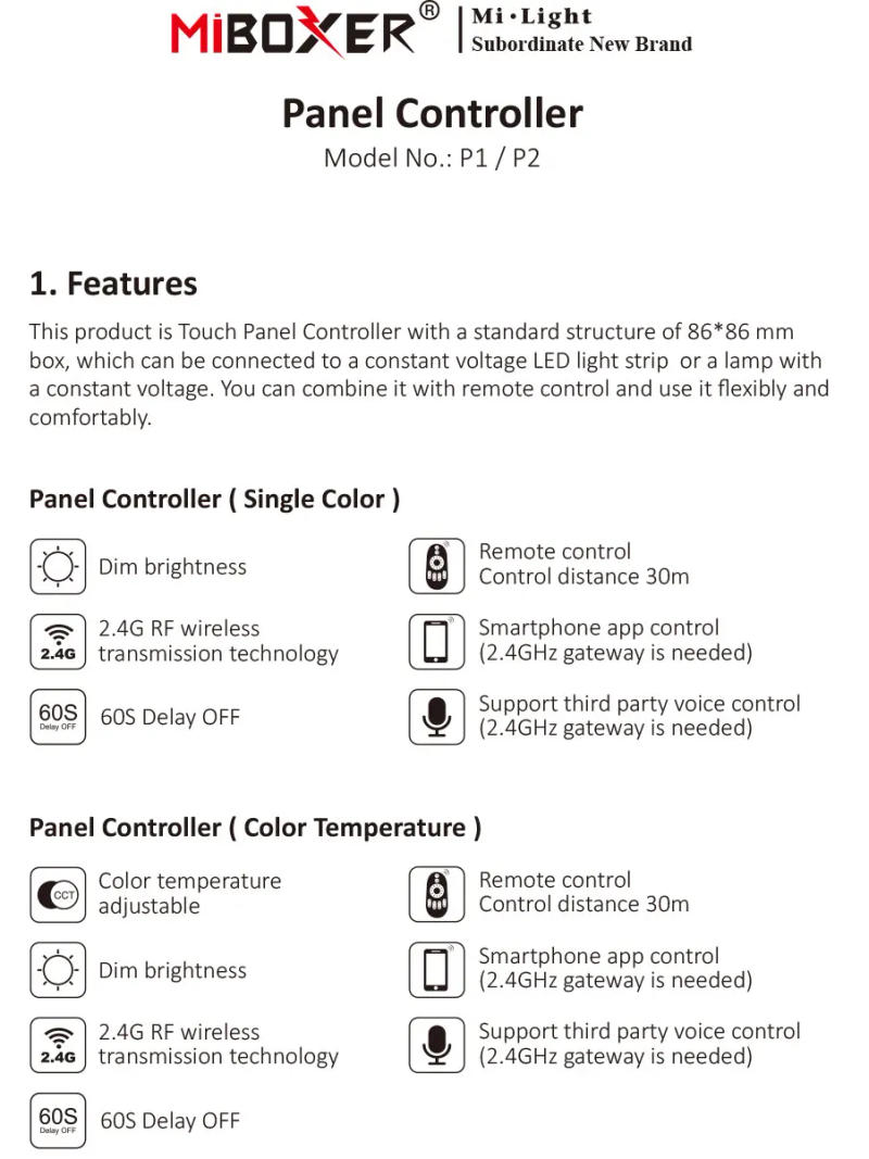 Description Picture 6 of itemMiBoxer P1 DC12-24V 2.4GHz Single Color 86Touch Switch Panel Dimmer Adjust Brightness Led Controller for Led Strips/FCOB