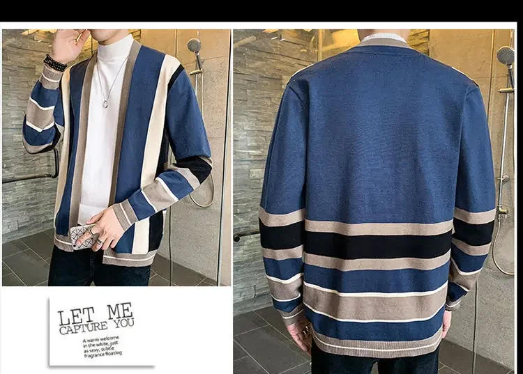 Description Picture 6 of itemMens Clothes  Spring and Autumn Striped Cardigan, Youth Wool Coat ，Plus Size Winter Cardigan，Korean Fashion Top Knitted Sweater