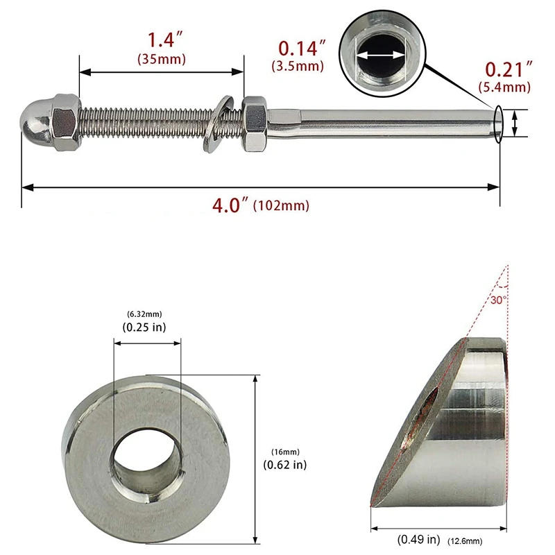 Description Picture 4 of item20 Pairs 1/8 Inch Cable Railing Kits 30 Degree Beveled Washer Threaded Stud Tension End Fitting Terminal For Decking