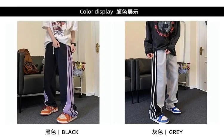 Description Picture 3 of itemAmerican style joint men and women spring/summer striped patchwork casual pants trend loose straight leg wide leg sports pants