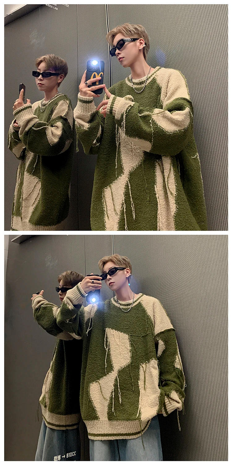 Description Picture 3 of item2024 Men Autumn Winter New Oversize Loose Pullover Top Male Casual Knitted Jumpers Mens Streetwear Patchwork Sweater Tops S179