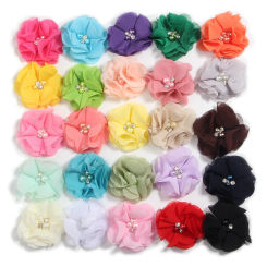 10Pcs 5.5cm 2" Pearl Rhinestone Center Chiffon Hair Flower For Wedding Invitation Artificial Fabric Flowers For Dress Decoration