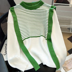 2024 Patchwork Color Block Striped Pullover Sweater Stylish Crew Neck Long Sleeve Knitted Sweater Women's Clothing