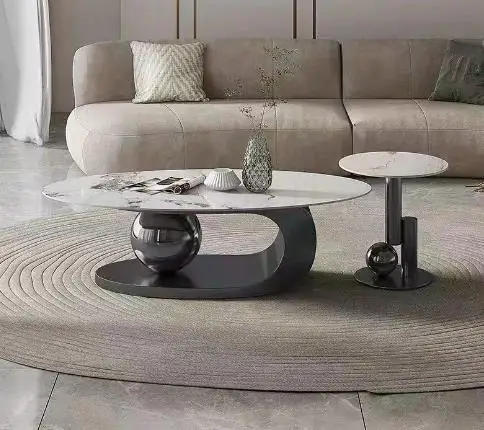 Description Picture 5 of itemModern Marble Effect Coffee Tables Luxury Legs Metal Nordic Oval Side Table White Premium Table Basses De Salon Home Furniture