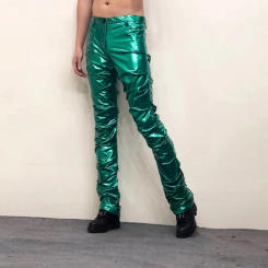 Nightclub Streetwear Shinny Sexy Leather Pant Men Costumes PU Flare Pant New Erkek Pantolon Men Green Pant Pleated Trouser
