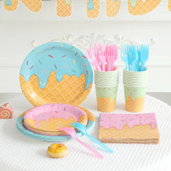 Ice Cream Disposable Tableware Paper Plate Cup Tablecloth Ice Cream Theme Flag Birthday Wedding Party Decor Baby Shower Supplies