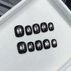 10Pcs Short Black Handmade Cat Eye Press On Nails Glitter Wearable False Nails Full Cover Decoration Manicure Fake Nails Tips
