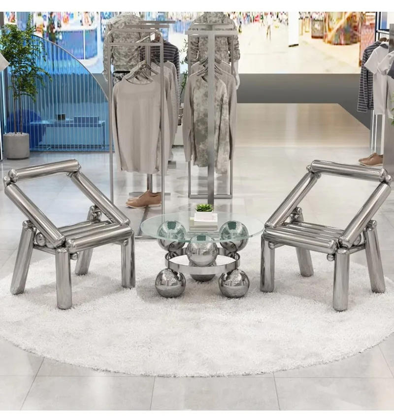 Description Picture 5 of itemModern Simplicity Stainless Steel Chair Creative Design Minimalism Style ART Home Living Room Chair Stainless Glass Tea Table