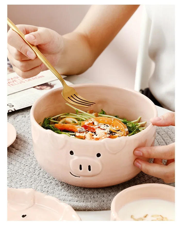 Description Picture 5 of itemCeramic Bowl Cute Pink Pig Tableware Dishes Home Ceramic Plate Breakfast Nordic Wind Irregular Matte Plate Kitchen Utensils
