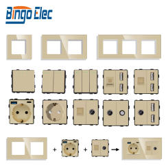 Bingoelec EU Standard Gold Wall Light Switch Electrical Sockets Key Switch Function Part Crystal Glass Panel DIY Collocation