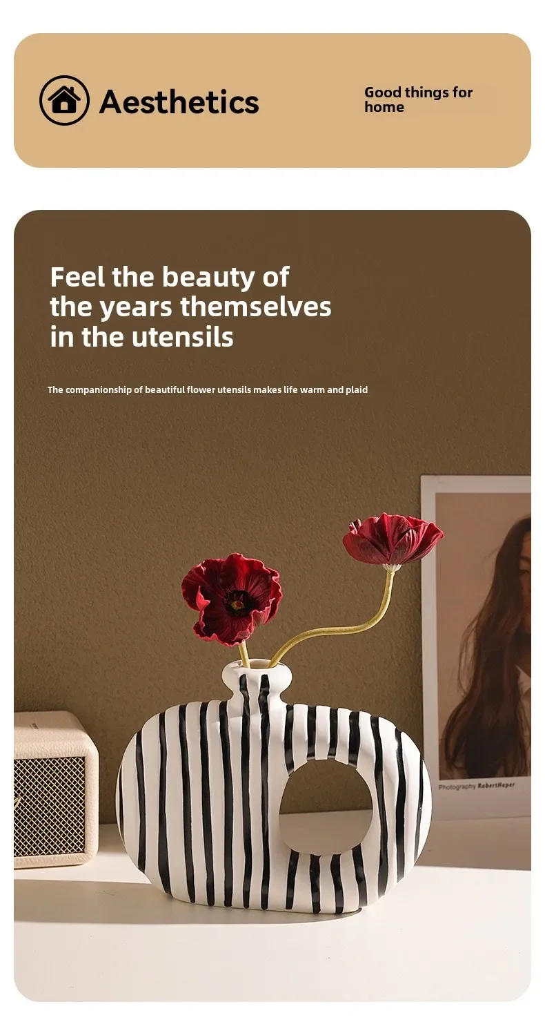 Description Picture 3 of itemStripes Ceramic Vase Desk Decoration Porcelain Hydroponics Utensils Artificial Flower Arrangement Floral Vases Room Aesthetic