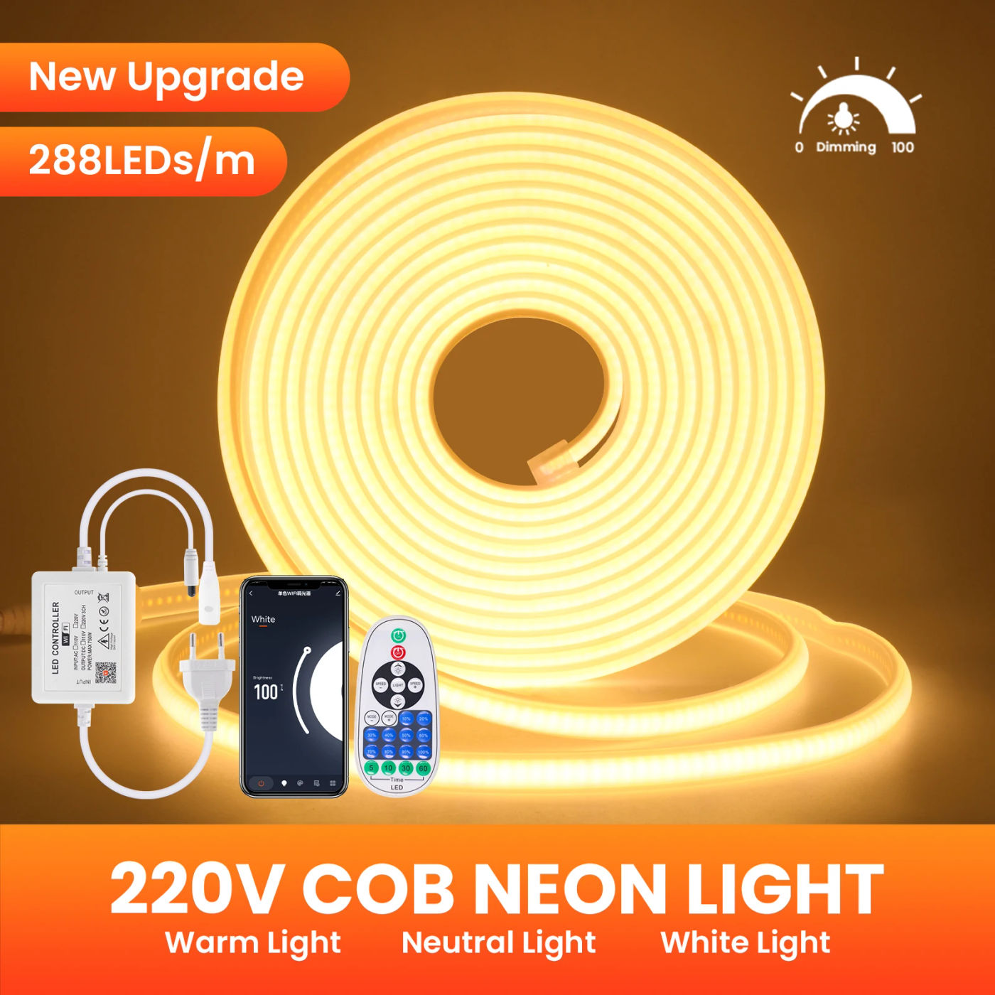 Description Picture 5 of item220V Dimmerable COB Neon Light Waterproof Purple Green White Red Ice Blue Pink Yellow Tuya WIFI Alexa Control Ribbon LED Strip