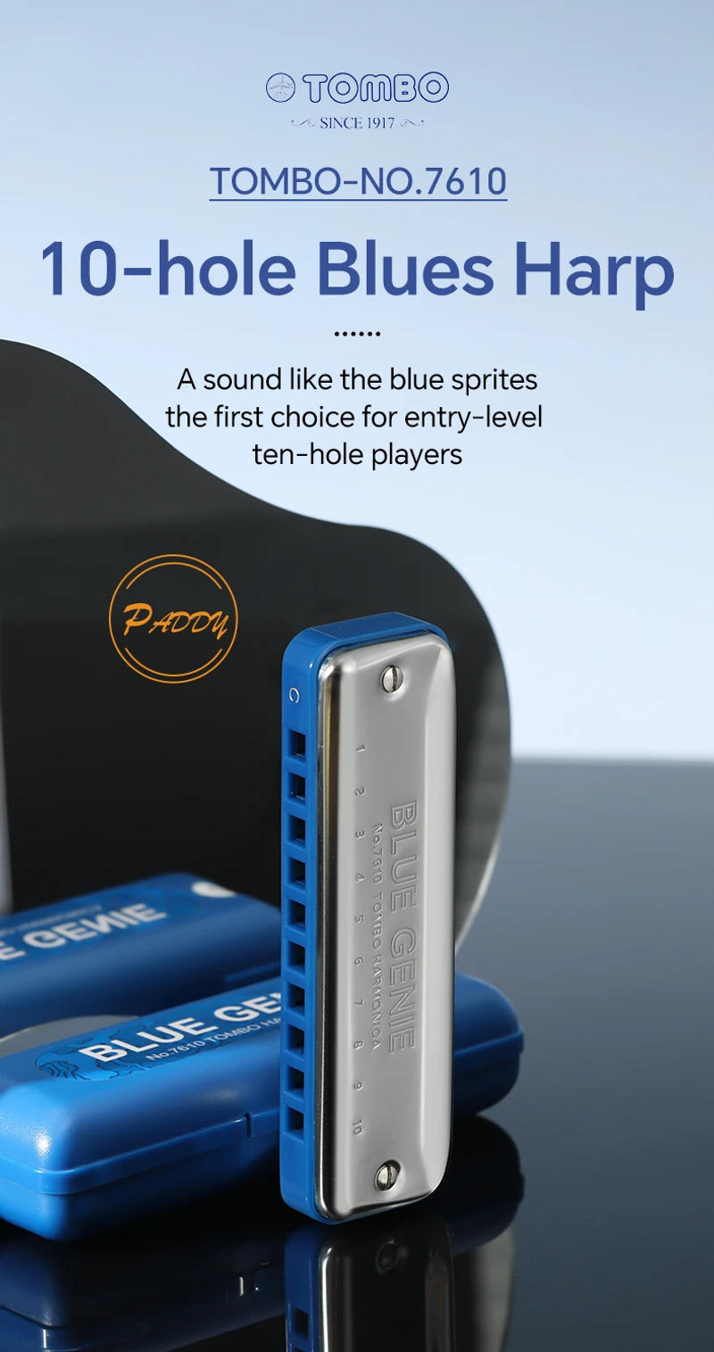 Description Picture 2 of itemTOMBO 7610 Paddy 10 Hole Blues Harp Harmonica Diatonic Mouth Oragn Key of C with Grey Plastic Comb for Beginners, Adults