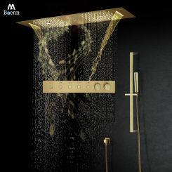 M Boenn 35*12 Inch Showers Bathroom Faucet Set Smart Thermostatic Concealed Mixer Rain Shower System Bar Shape Black Shower Head