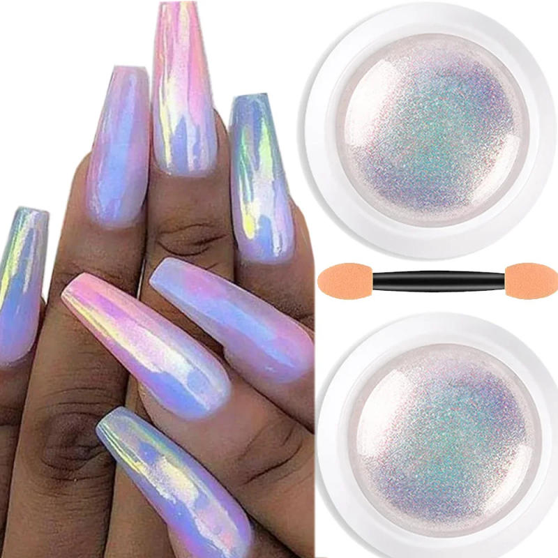 Description Picture 5 of item1/2PC Pearl White Mermaid Aurora Chrome Nail Powder Metallic Neon Rainbow Dust Nail Art Gel Polish Supplies Mirror Chrome Powder
