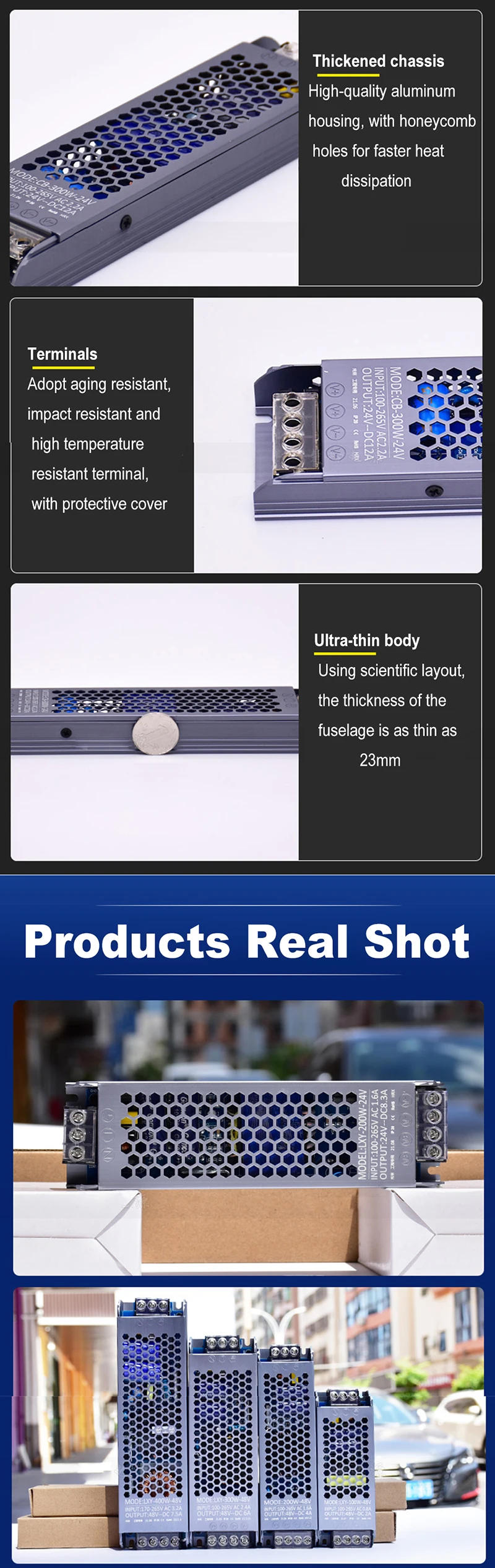 Description Picture 4 of itemSmall size Switch Power Supply AC110V 220V to 12V 24V 48V 60W 100W 150W 200W 300W 400W 500W LED Light Driver Mute Transformer