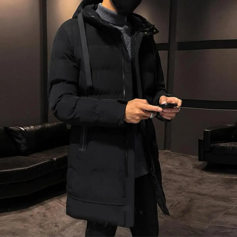 Description Picture 5 of itemAutumn Winter Men's Jacket Cotton Clothes Hooded Long Sleeve Drawstring Mid-Length Trench Coat Parka Parka Mens Long Trench Coat