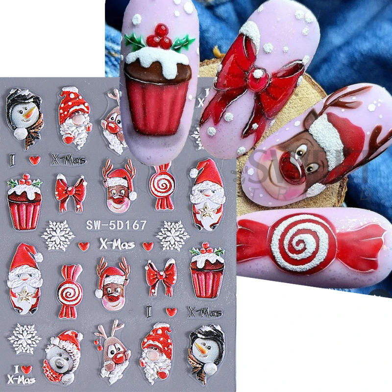 Description Picture 5 of item5D Embossed Christmas Nail Art Stickers Santa Claus Xmas Tree Self-Adhesive Sliders Winter Snowflakes Decals Manicure Decoration