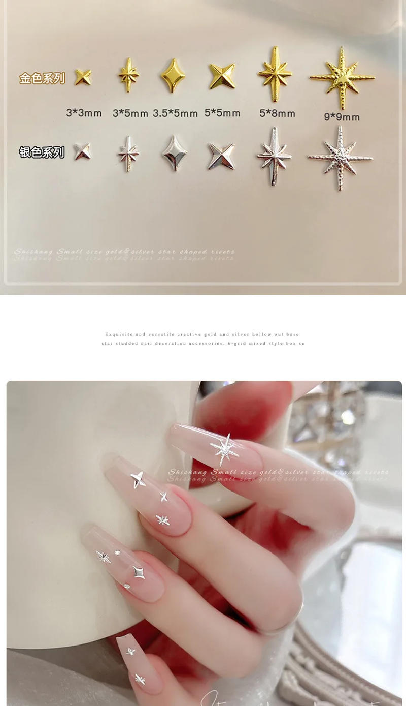 Description Picture 4 of item6 Grids Glossy Metallic Starlight Asterism Gold Silver Alloy Nail Art Rhinestones Decorations Manicure Rivets Studs Charms