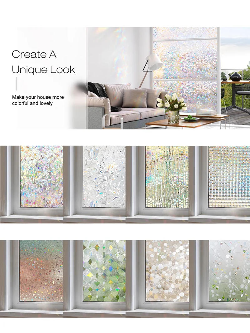 Description Picture 2 of item3D Stained Glass Window Film Anti Look Vinyl Rainbow Privacy Stickers Adhesive Static Cling forShower Windows Frosted Decoration