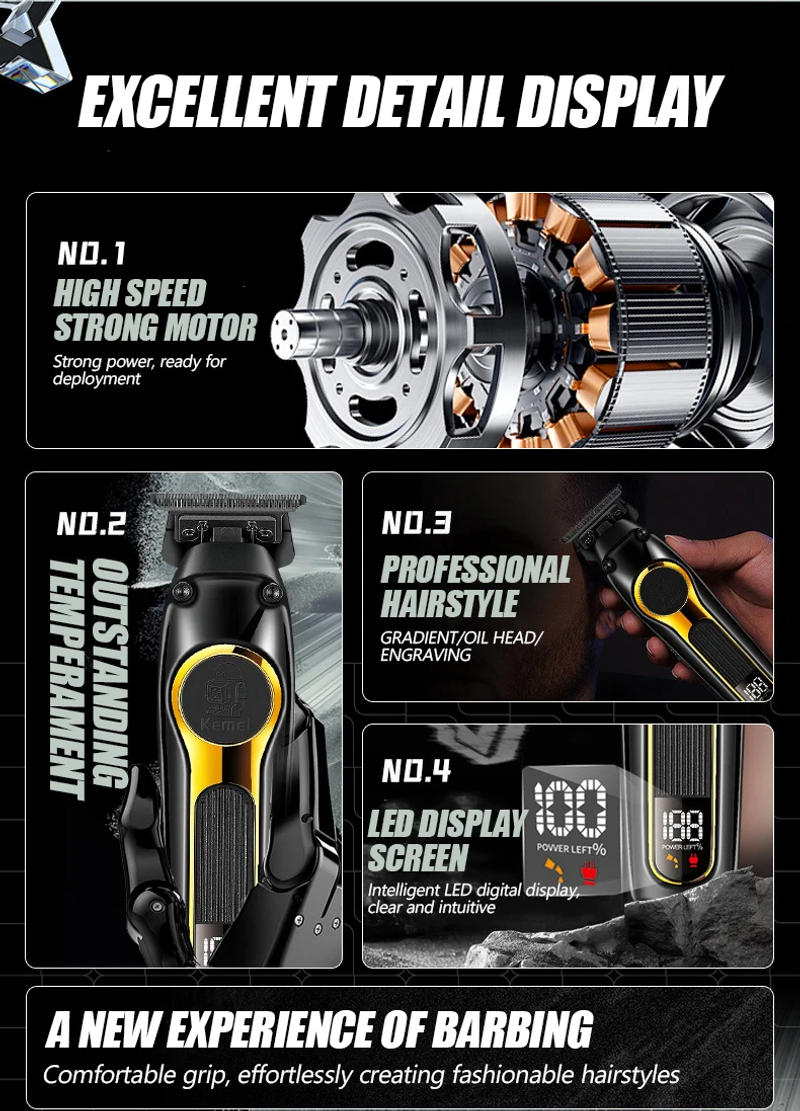 Description Picture 3 of itemkemei USB Rechargeable Hair Clippers DLC Blade Cordless Electric Hair Trimmer Men Barber KM-2351