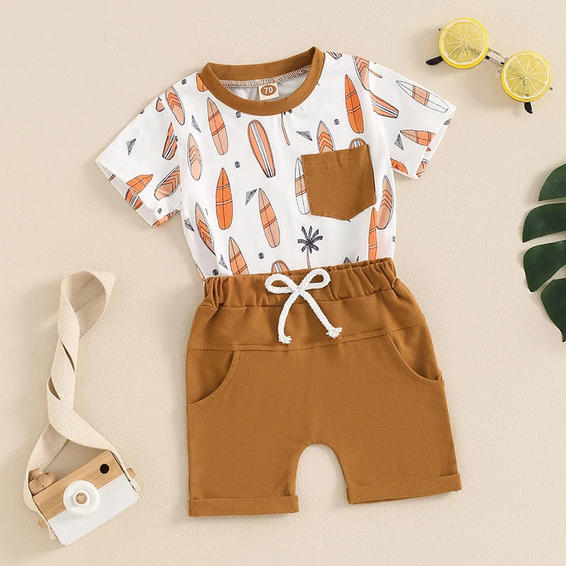 Description Picture 2 of itemBaby Boys Shorts Set Short Sleeve Surfboard Print T-shirt with Elastic Waist Shorts Summer Outfit