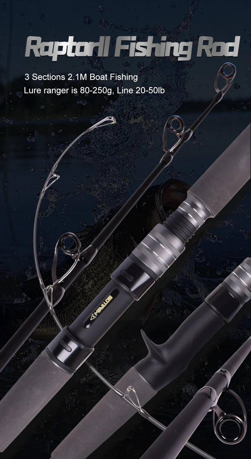 Description Picture 2 of itemMavllos RaptorII Tuna Casting Fishing Rod ,Lure 80-250g Line 20-50lb 3 Sections 2.1M Light Carbon Bass Fishing Spinning Rod